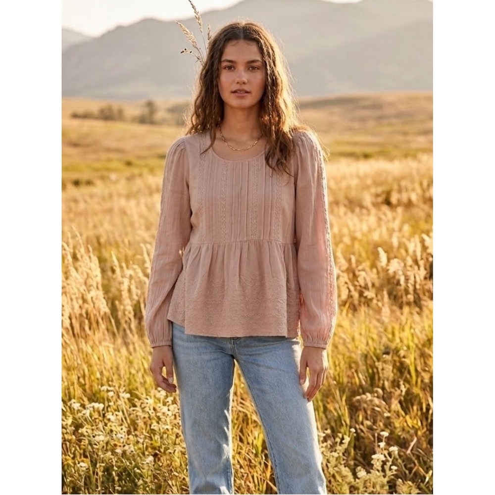 American Eagle Dusty Pink Embroidered Babydoll Peplum Blouse M Soft Girl Boho